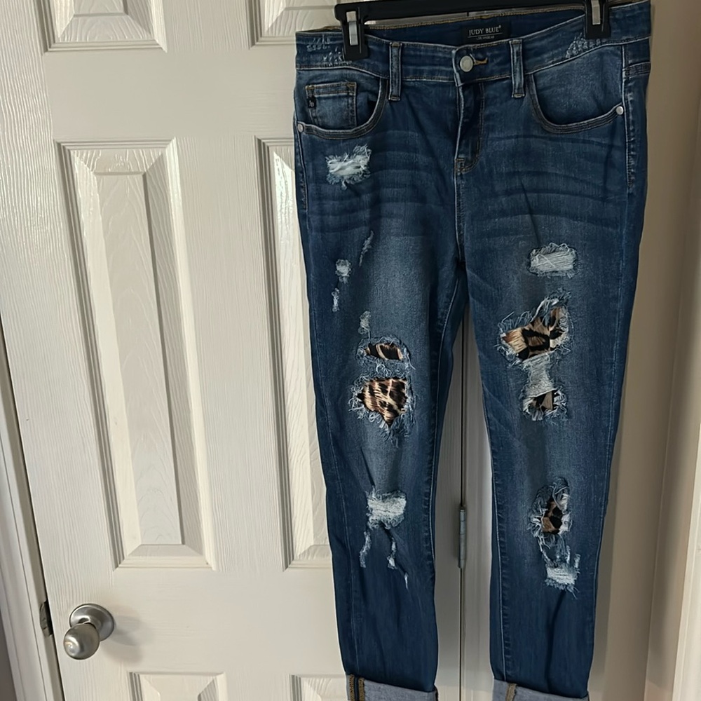 judie blue distressed/ cut out with  leopard print